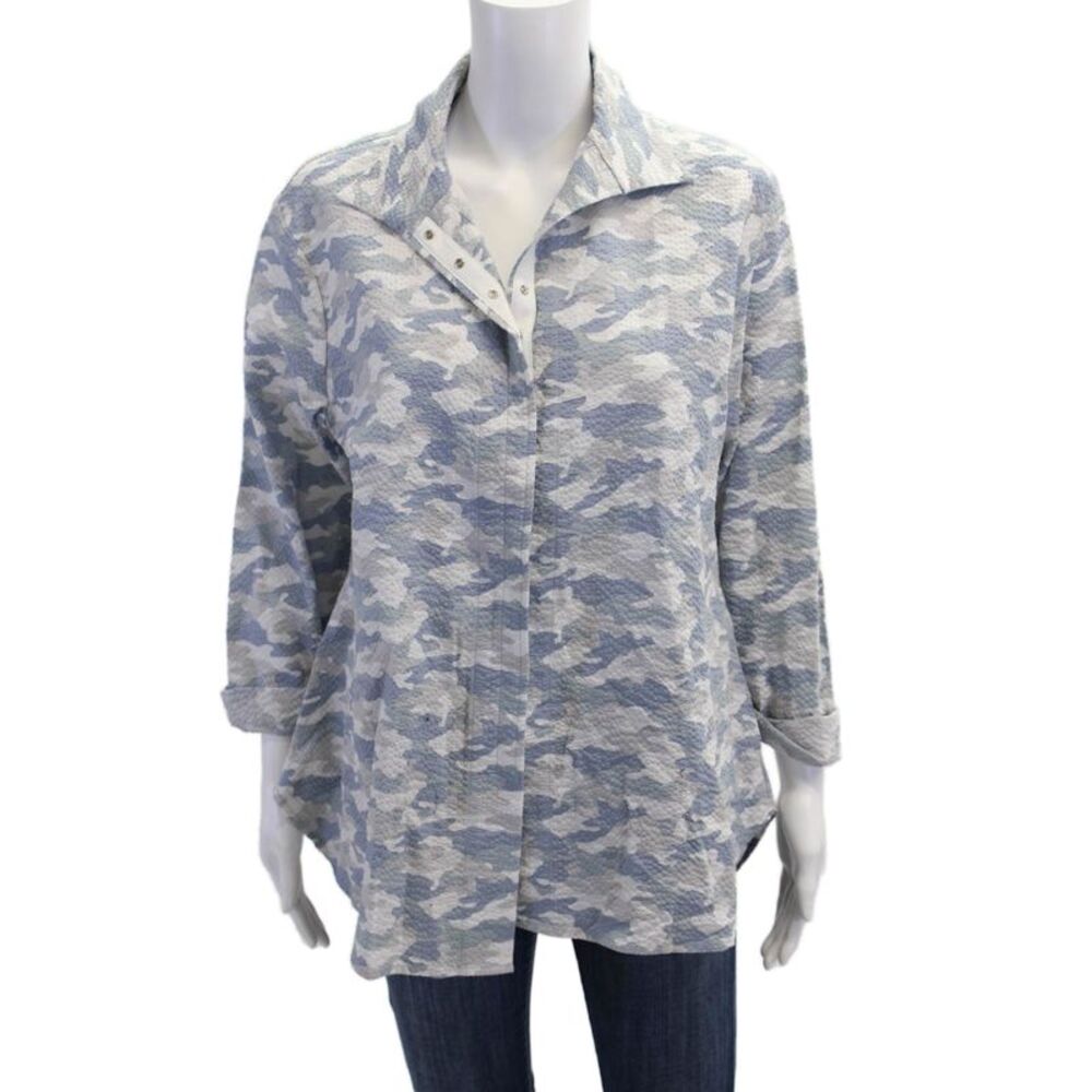 Vitamin Womens Textured Camouflaged Long Sleeve Shirt Gray Blue Size Medium